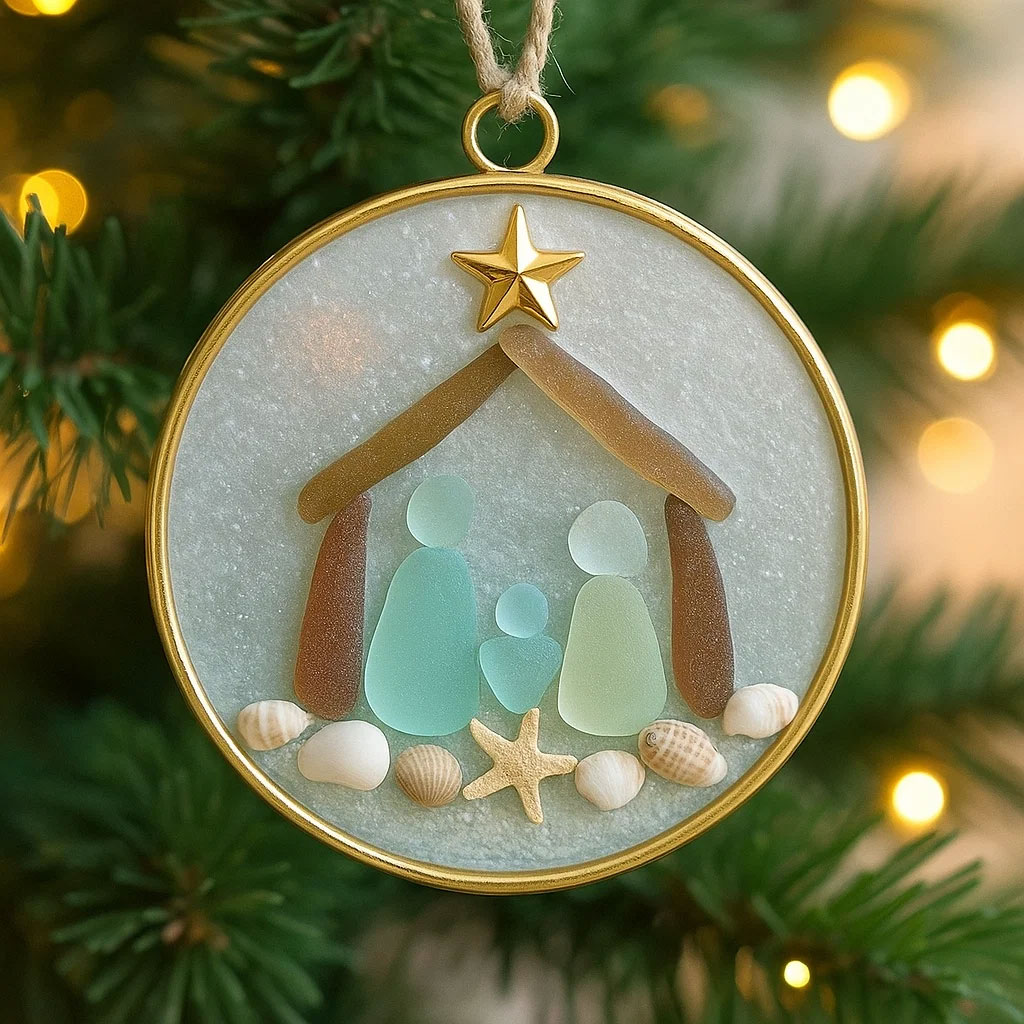 Sea Glass Nativity Scene Round Christmas Ornament